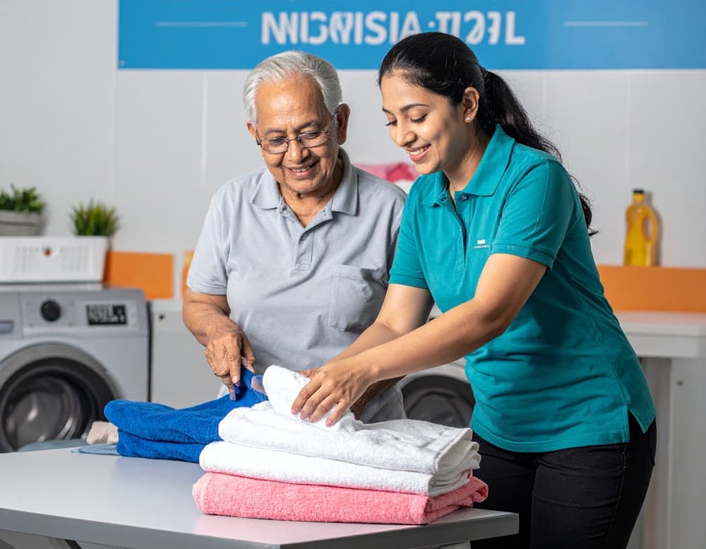 A support worker carefully vacuuming a client's living room.