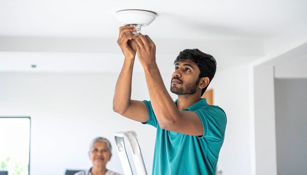 A person professionally mowing a neat lawn in a residential backyard.